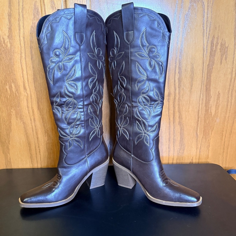 ISNOM Sz 7.5 Women's Dark Brown Square Toe Tall Cowboy Boots‎ Heel